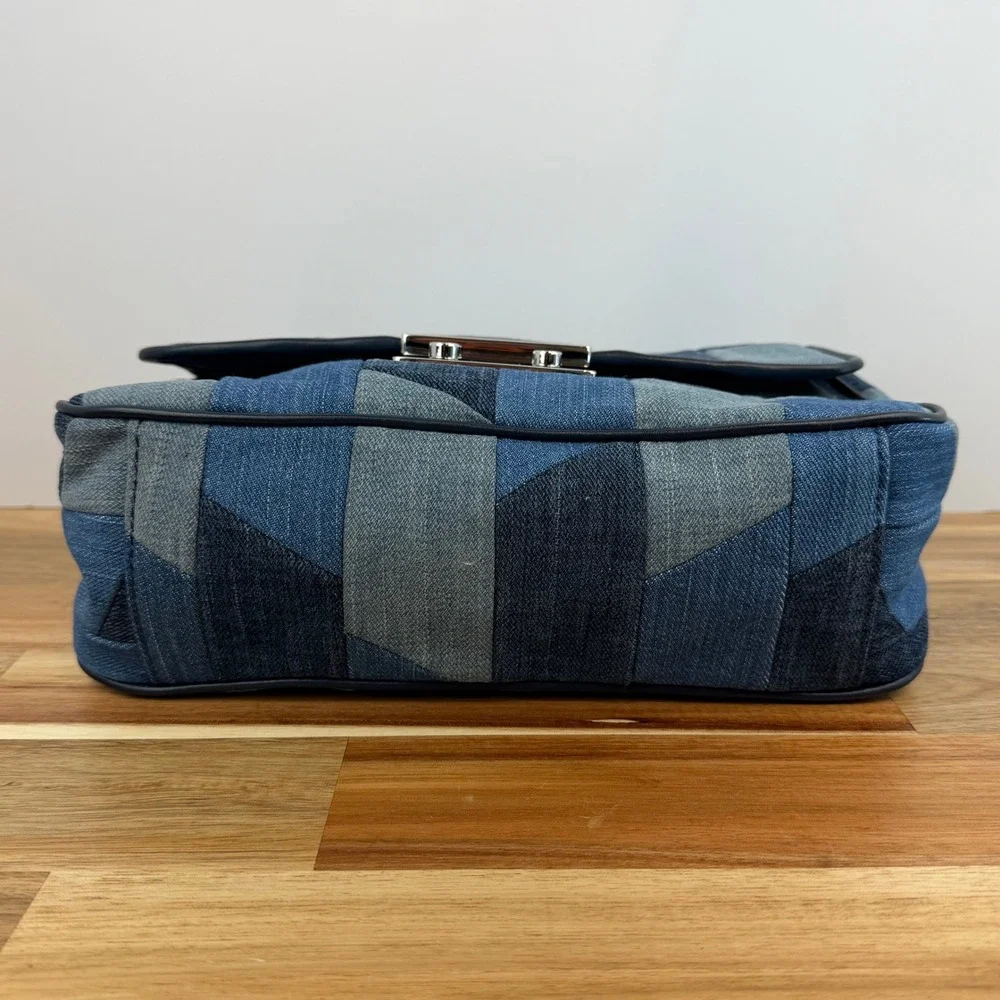 Michael Kors Sloan Denim Patchwork Shoulder Bag Blue Silver Chain Crossbody